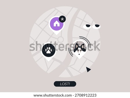 A colorful map highlights various markers indicating lost pets in the area, Each location pin shows alerts and paw prints, making it easy for owners to see where their pets might be