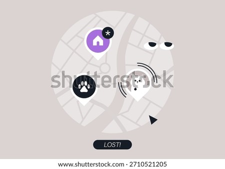 A colorful map highlights various markers indicating lost pets in the area, Each location pin shows alerts and paw prints, making it easy for owners to see where their pets might be