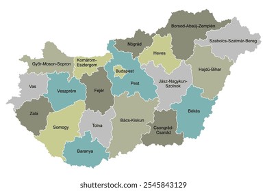 Mapa colorido da Hungria por regiões com nomes, ilustração vetorial editável, isolado no fundo branco para infográficos