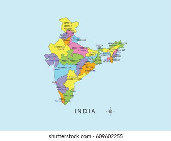 Colorful map of India with local names on blue background.