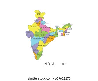 Colorful map of India with local names on white background.