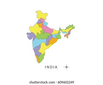 Colorful map of India on white background.