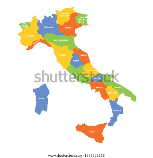 Colorful map of Italy\
divided into 20 administrative regions. White labels. Simple flat\
vector illustration.