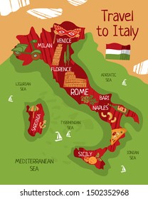 Colorful map of Italy for tourist guides and souvenirs. Symbols and architecture of Italy drawn by hand. Cute cartoon vector illustration