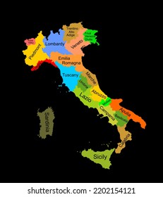 Colorful map of Italy vector silhouette illustration isolated on black background. Autonomous communities of Italy. Detailed Italian regions administrative divisions, separated provinces. outline map.