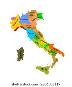 Colorful map of Italy vector silhouette illustration isolated on white background. Autonomous communities of Italy. Detailed Italian regions administrative divisions, separated provinces. outline map.