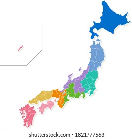 Colorful map of Japan by region