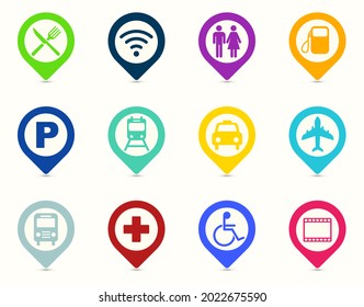 Colorful Map Legend Flat Vector Symbols And Icon Set On White Background. Set Of Map Pointers With Markers