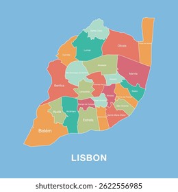 Mapa colorido de Lisboa, Portugal com distritos administrativos rotulados. Ilustração vetorial isolada no plano de fundo azul.