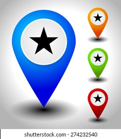 Colorful map marker, map pin icons with stars. 