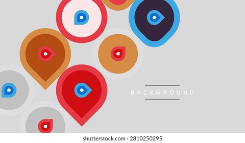 Colorful map markers, circles, eyes. Minimalist design, gray background, simple shapes, modern aesthetic. Location pins visible.