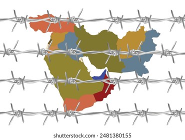 Colorful map of the middle east region trapped behind barbed wire fences