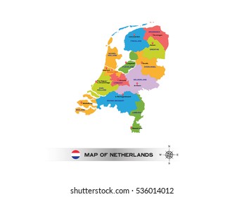 Colorful map of Netherlands on white background