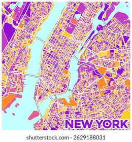 Colorful Map Of New York, USA. The Map Is Full Of Different Colors And Has Lot Of Detail, Full Of Different Colors And Shapes, Giving It Unique And Artistic Look.