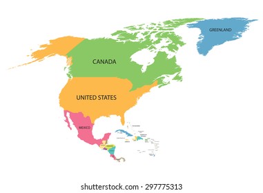 colorful map of North America with names of all countries