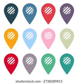 Colorful map pin icon set isolated on white background. Modern location markers with diagonal stripe pattern