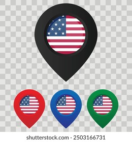 Colorful map pin icons with the flag of the United States. Collection of location markers on grid background