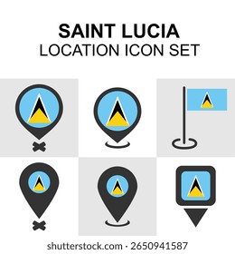 Colorful map pin icons with Saint Lucia’s flag and symbols for design or travel visuals.