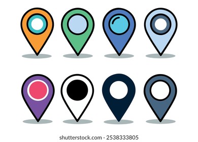 Colorful map pin symbols showcasing diverse location markers in vector design, vibrant location point signs in a vector set with multiple color options