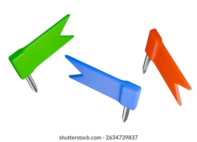 Colorful map pins with flags top view an angle ready for travel planning.