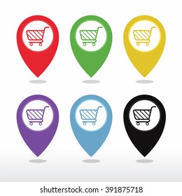 Colorful Map Pointer With Shopping Cart, Shopping Plaza , Market Place or Bazaar icon vector