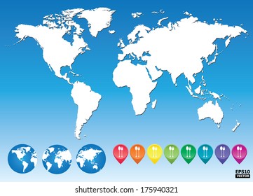Colorful map pointers for Food Center or Restaurant map pointers with world map for business and e-commerce.