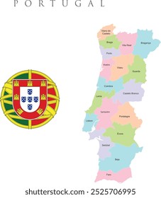 Mapa colorido de Portugal exibindo as principais cidades, com um emblema heráldico proeminente no centro. Este design vibrante é perfeito para uso educacional e promocional, apresentando o patrimônio de Portugal