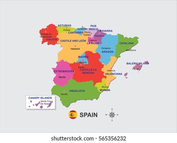 Colorful map of Spain on gray background