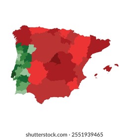 Mapa colorido de España y Portugal con sus divisiones administrativas aisladas sobre fondo blanco. Ilustración vectorial