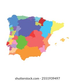 Mapa colorido de España y Portugal con sus divisiones administrativas aisladas sobre fondo blanco. Ilustración vectorial