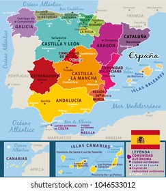 3 Administrative Map Of Spain With Districts And Cities Name, Colored ...