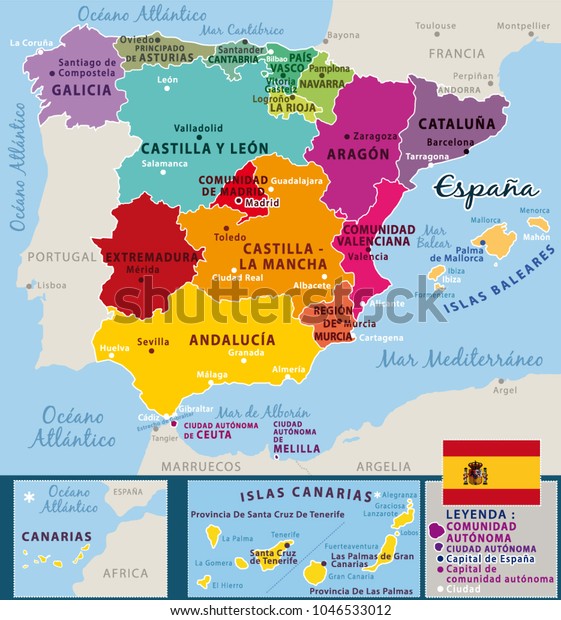 Colorful Map Spain Spanish Names Regions Stock Vector (Royalty Free ...