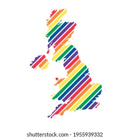 A colorful map of UK. Pride month concept. LGBTQIA+ Great Britain logo. Isolated on white. 