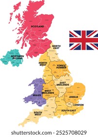 
Colorful map of the United Kingdom featuring major cities with names labeled. A small rectangular flag in vibrant colors complements the design, making it ideal for educational and promotional mater.