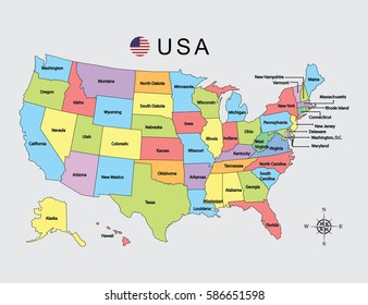 Colorful map of United States of America on gray background vector illustration.