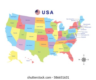 Colorful map of United States of America on white background vector illustration.