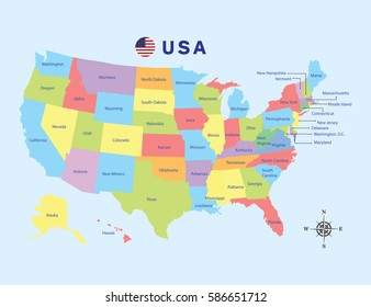 Colorful map of United States of America on blue background vector illustration.