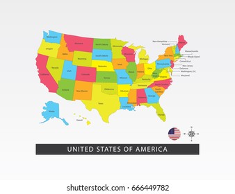 Colorful map of United States of America on light gray background.