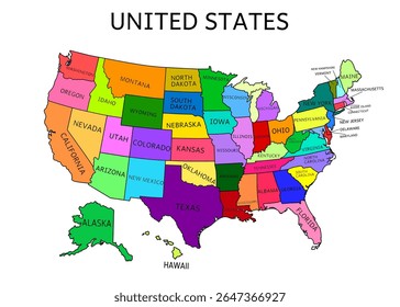 A colorful map of the United States. The map is divided into sections and each section is labeled with a different state