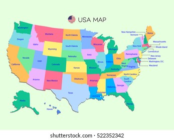 Colorful map of USA with names on cyan background