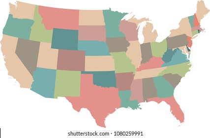 Colorful map of USA states vector outline illustration. United States map in grunge background