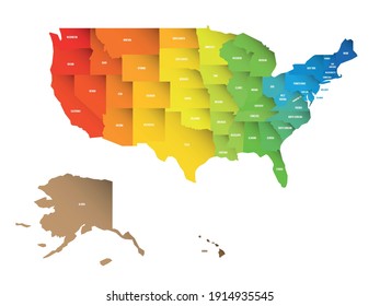 Colorful map of USA, United States of America. Rainbow spectrum colors with shadow overlapping effect. Map with federal state name labels