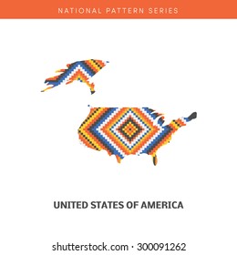 Colorful map of USA. Vector frontiers of United States with native american pattern within. 