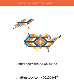 Colorful map of USA. Vector frontiers of United States with native american pattern within. 