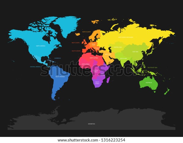 Colorful map of World divided\
into regions on dark grey background. Simple flat vector\
illustration.