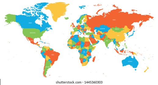 Farbige Weltkarte. Politische Karte mit Ländernamen im Detail. Vektorgrafik.