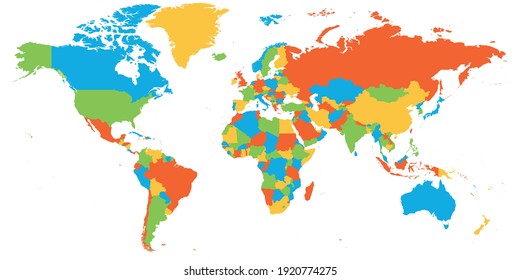 Farbige Weltkarte. Detaillierte leere politische Landkarte. Vektorgrafik.
