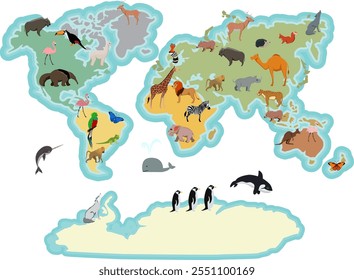 A colorful map of the world with many different animals on it