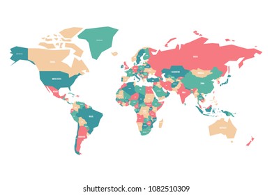 Colorful map of World. Simplified vector map with country name labels.