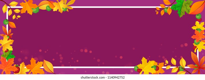 Colorful maple leaves decorated abstract purple header or banner frame design with space for your message.